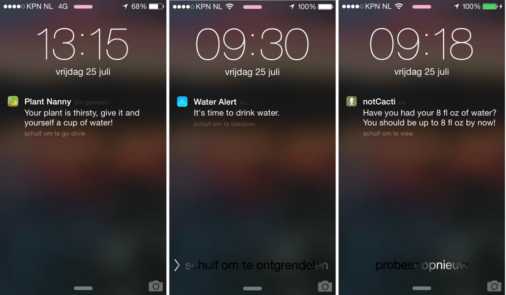 Push berichten van verschillende water-reminder apps