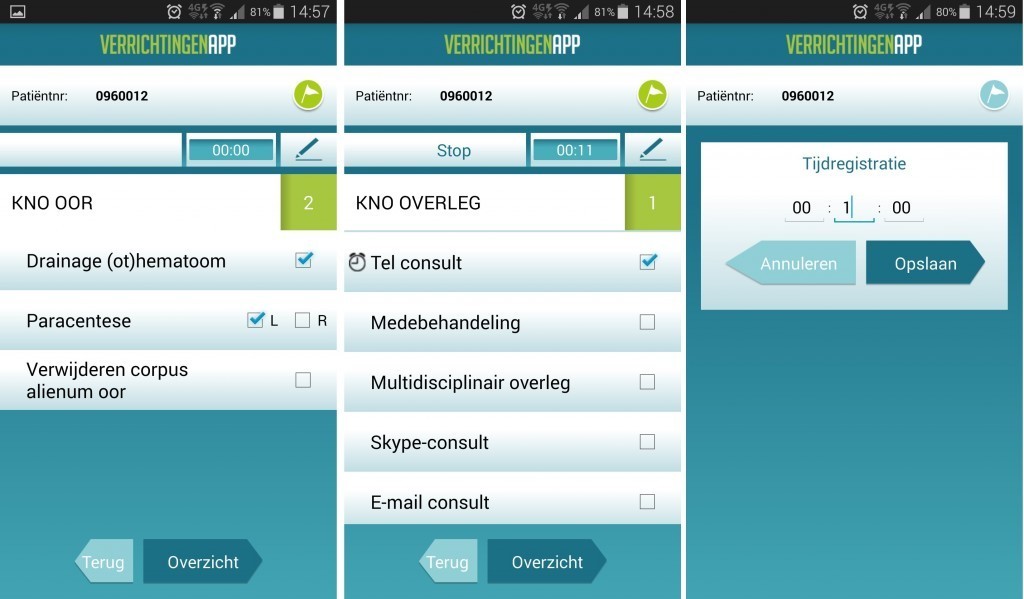 Screenshots van het invoeren van patiëntinformatie in de app