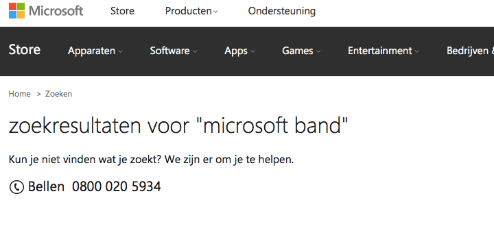 Geen spoor te bekennen van de Microsoft Band in de online winkel