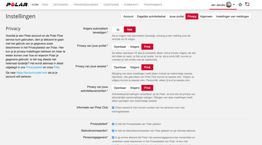 privacy instellingen in Polar Flow app