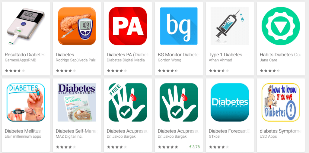 Apps gericht op diabetes in categorie 'gezondheid' via Google Play